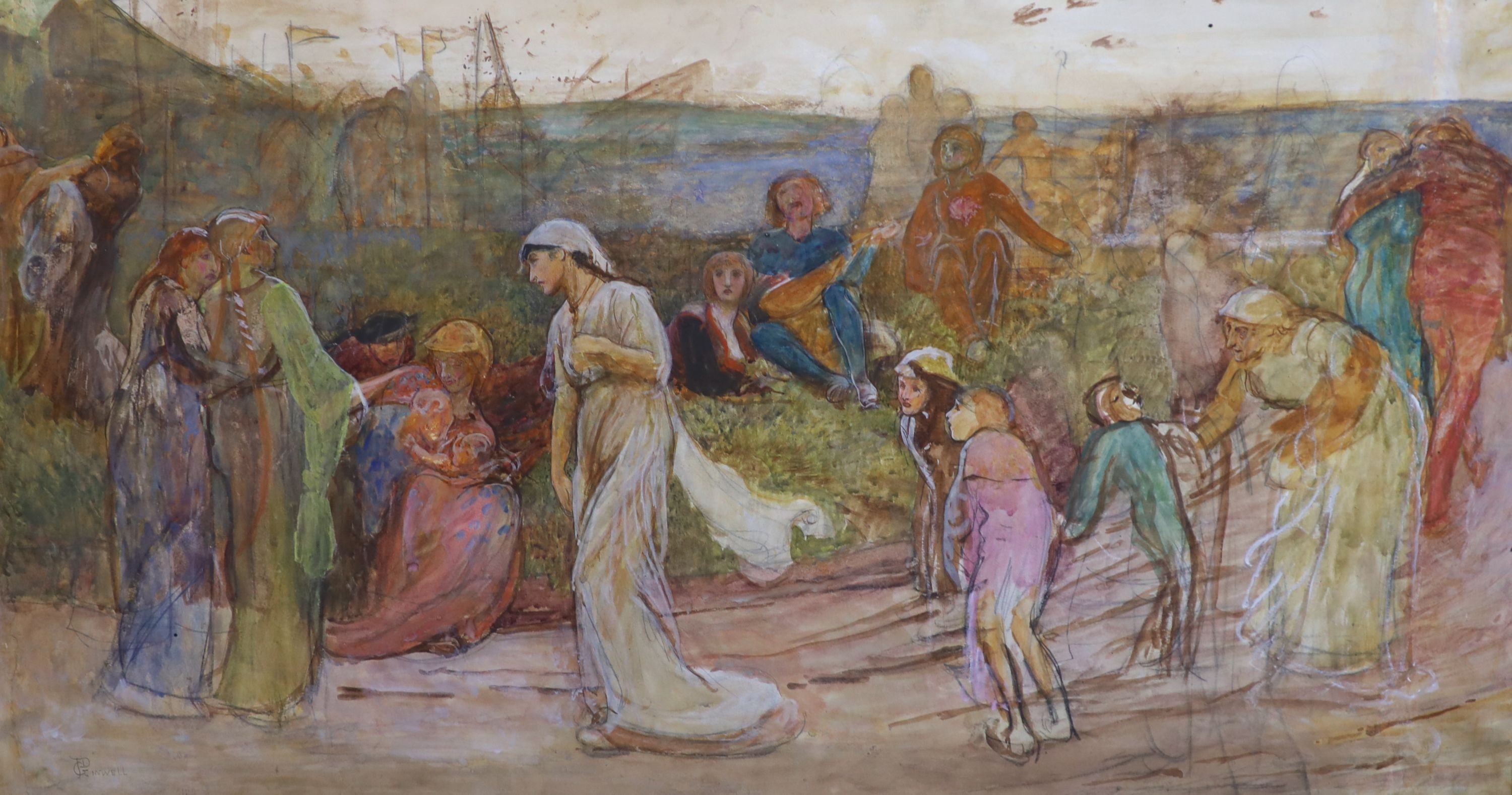 George John Pinwell, R.W.S, (1842-1875), Study for Gilbert à Becket's Troth, The Saracen Maiden entering London at Sundown, pencil and watercolour on paper, 53 x 97cm